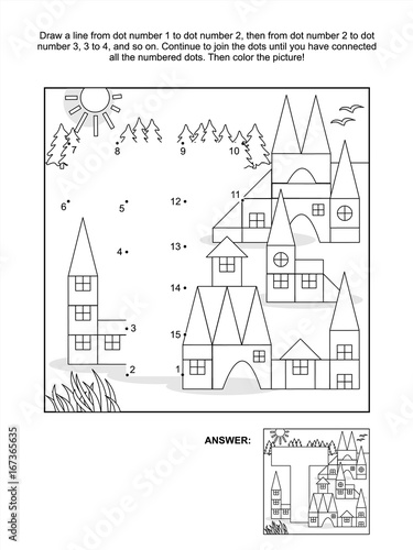 Educational connect the dots picture puzzle and coloring page - letter T and toy town. Answer included. 