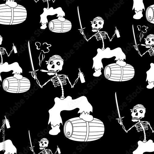 Seamless Wallpaper, Cartoon Evil Zombie Pirate Jolly Roger Skeleton with a Sword, Bottle of Wine and Barrel, White Silhouettes Isolated on Black Background. Vector