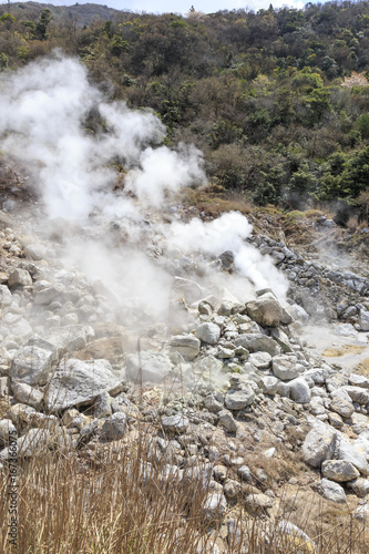 Steam and hot spring in Unzen mountain in Japan