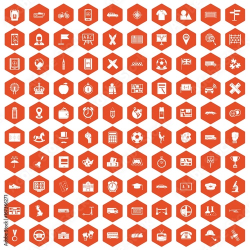 100 bus icons hexagon orange