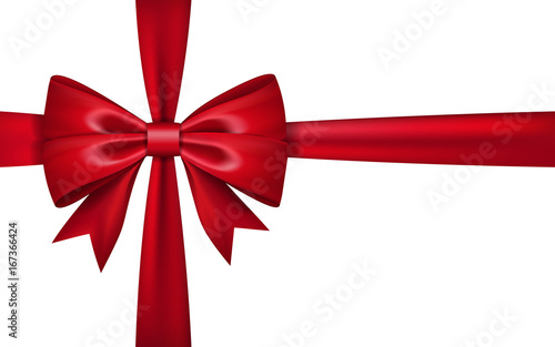 Gift bow ribbon silk. Red bow tie isolated on white background. 3D gift bow tie for Christmas present, holiday decoration, birthday celebration. Decorative satin ribbon element Vector illustration