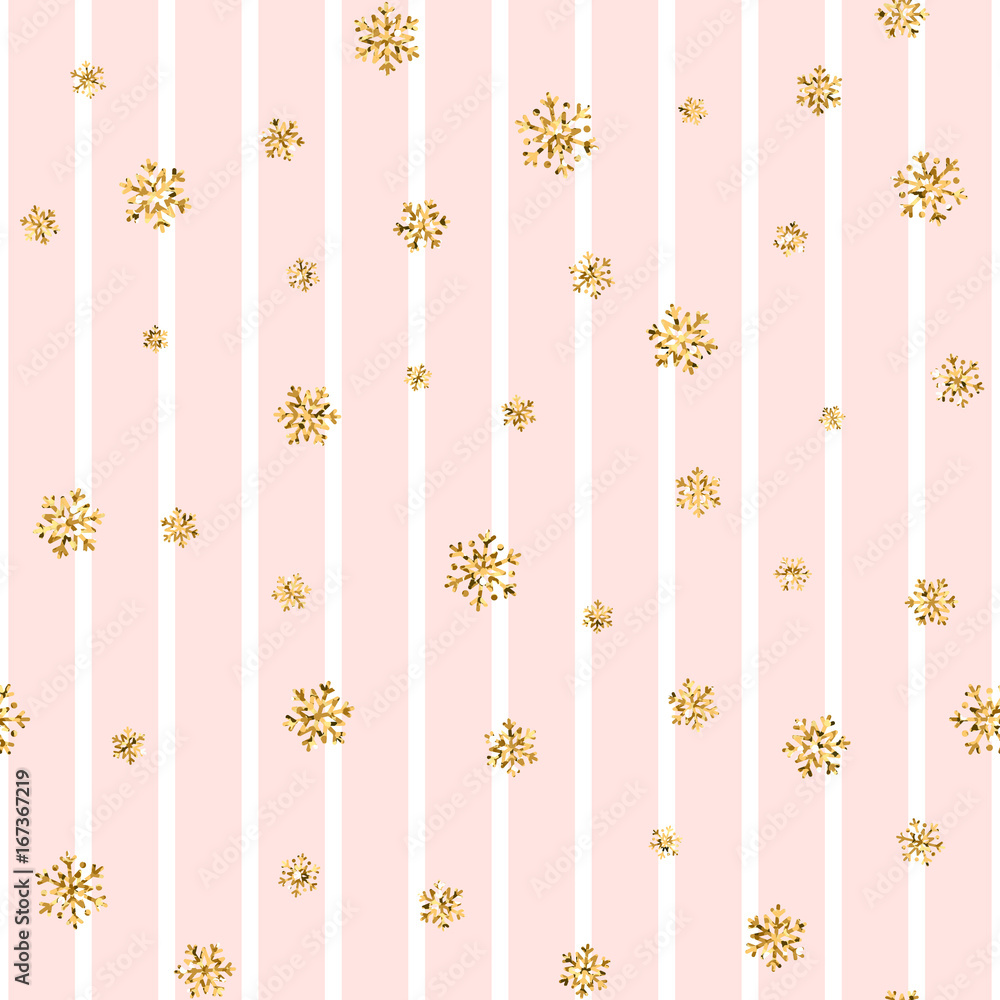 Christmas gold snowflake seamless pattern. Golden glitter snowflakes on pink white lines background. Winter snow texture design wallpaper Symbol holiday, New Year celebration Vector illustration