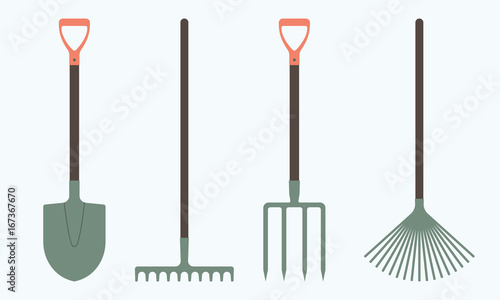 Photo Shovel or spade, rake and pitchfork icons isolated on white background