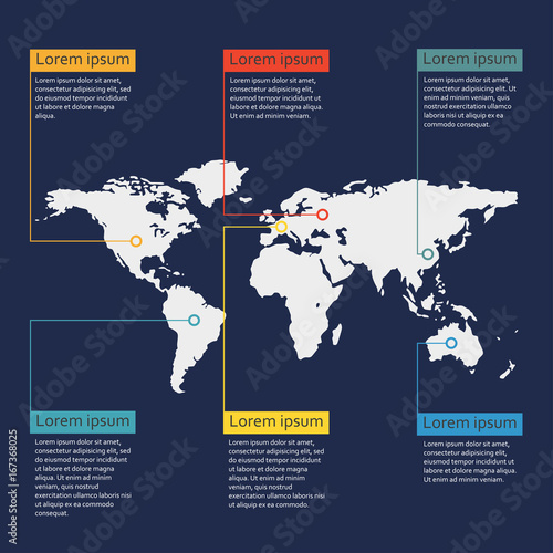 World map infographics template. Graphic information and infographic design elements. Vector illustration.