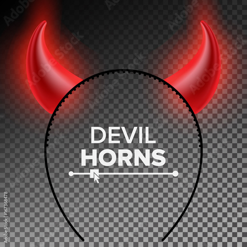 Devil Horns Vector. Head Gear. Red Luminous Horn. Halloween Evil Horns Sign, Icon. Isolated On Transparent Background