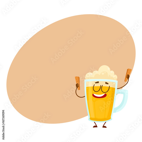 Funny beer glass mug character with smiling human face holding croutons, cartoon vector illustration with space for text. Cute and funny lager beer mug character, mascot with croutons