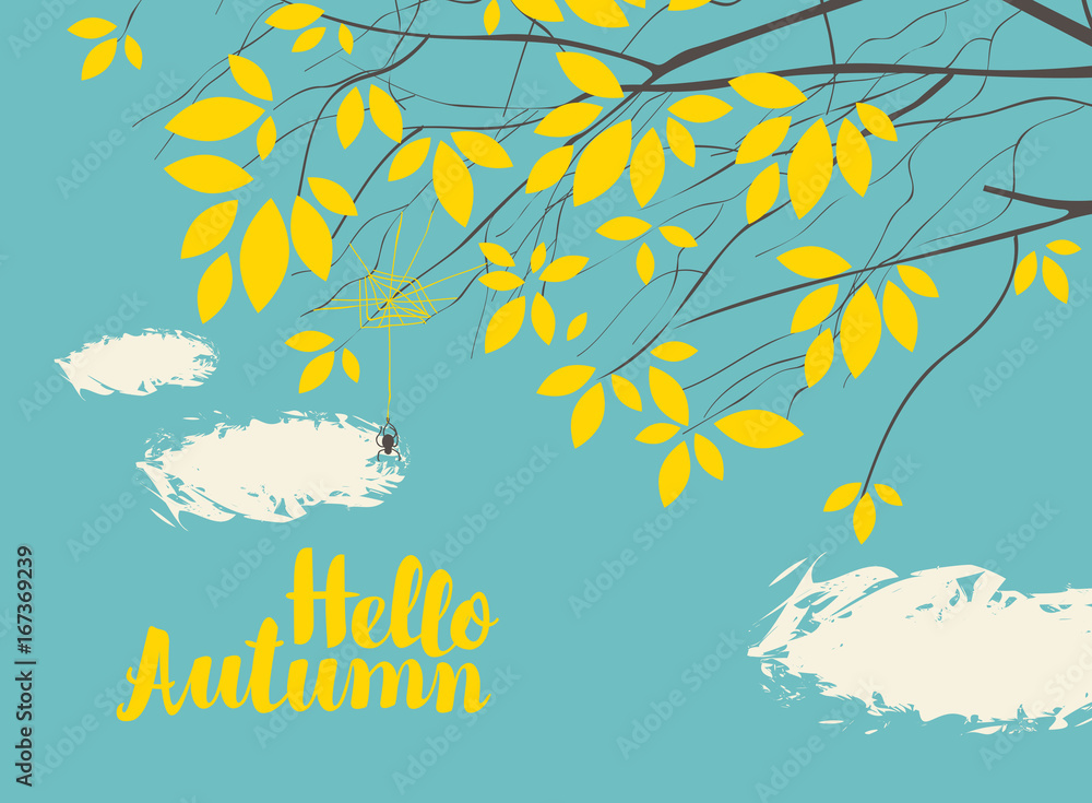 Vector banner with the words Hello autumn. Autumn landscape with autumn leaves on the branches of trees in a Park or forest on a background of blue sky with clouds