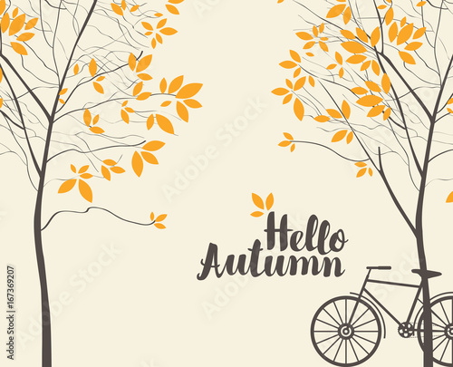 Vector landscape in retro style on the autumn theme with the inscription Hello autumn, trees and bike