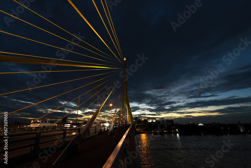 The Rama VIII Cable Bridge crossing the Chao Phraya River in Bangkok, Thailand