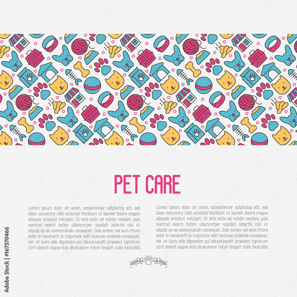 Pet care concept with thin line icons of dog, cat, accessories, food, toys. Vector illustration for banner or web page for vet clinic, pet shop or shelter. Pet care concept with thin line icons of dog, cat, accessories, food, toys. Vector illustration for banner or web page for vet clinic, pet shop or shelter.