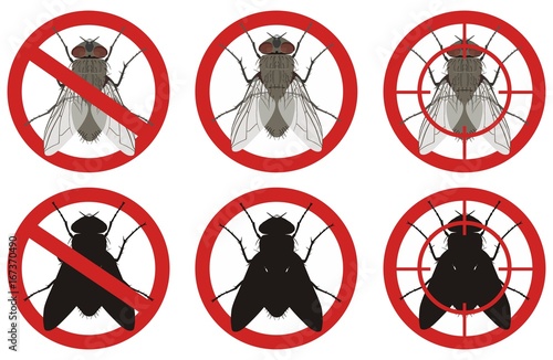 Stop fly signs. Set signs of pest control. Vector illustration.