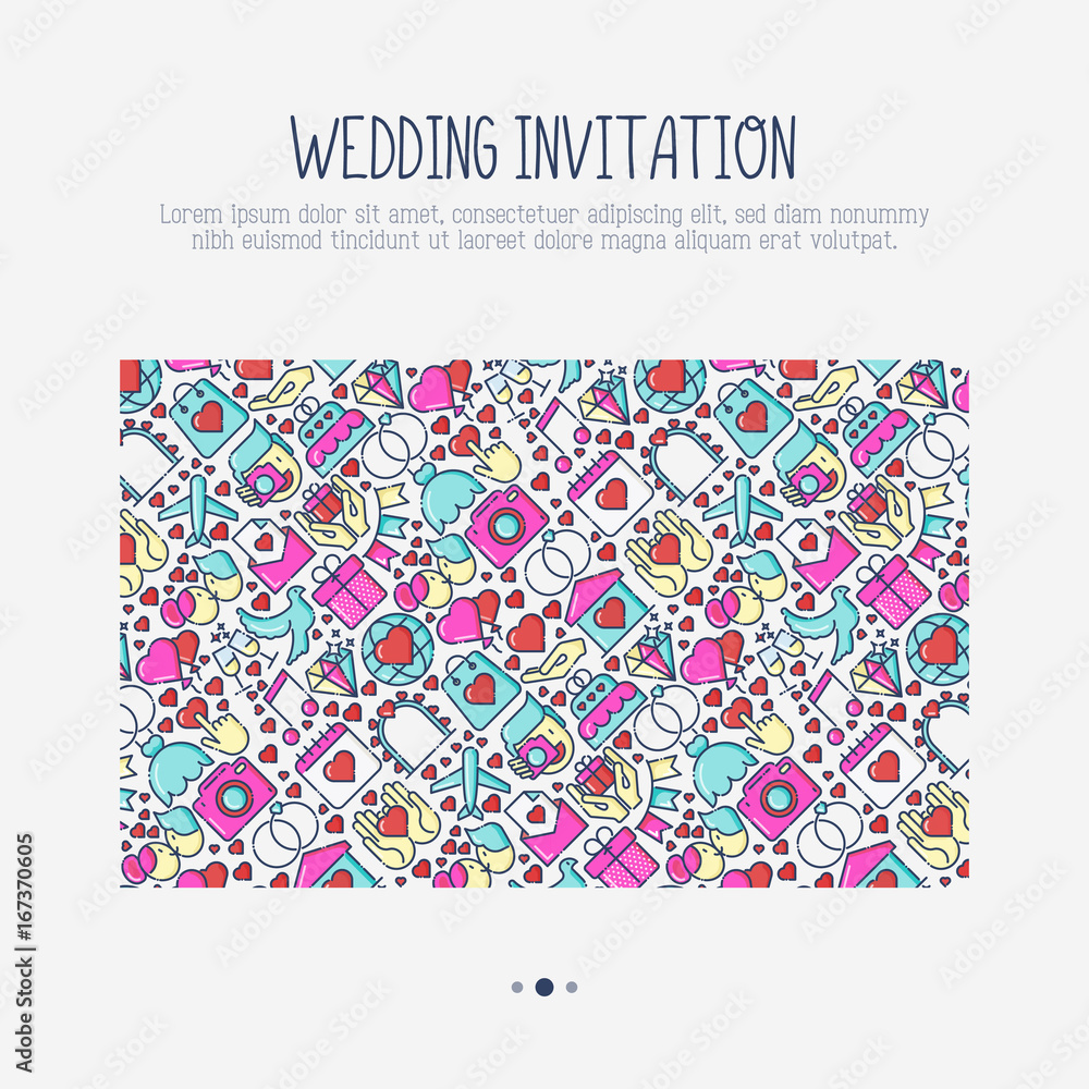 Wedding invitation concept with thin line icons of dove, camera, photographer, bride, dress, balloons. Vector illustration for banner, web page, print media.
