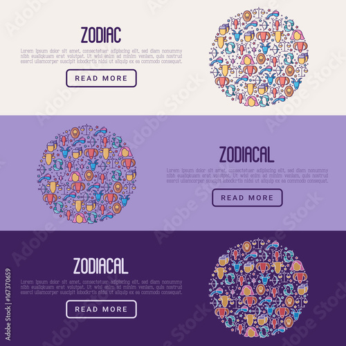 Zodiac signs concept with thin line icons for banner with horoscope, web site or background. Vector illustration.