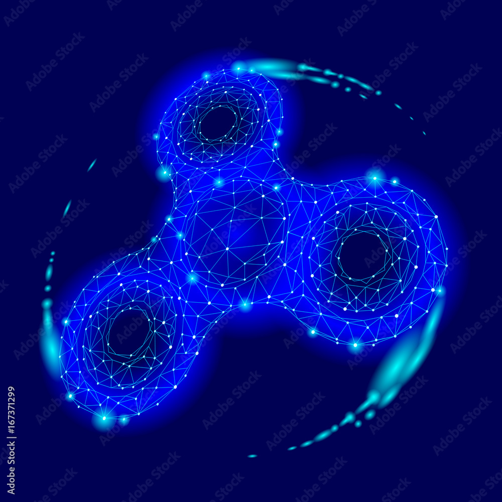 Low poly hand spinner rotation rolling 3d model. Toy fidget antistress  hobby. Future technology style polygonal triangle connected dots. Blue glow  color background vector icon illustration Stock Vector | Adobe Stock
