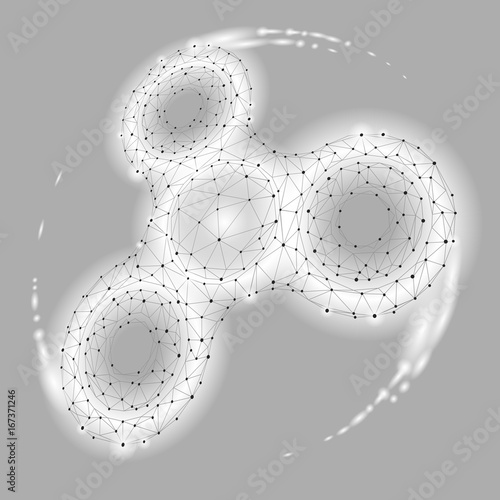 Low poly hand spinner rotation rolling 3d model. Toy fidget antistress hobby. Future technology style polygonal triangle connected dots. Gray white glow color background vector icon illustration