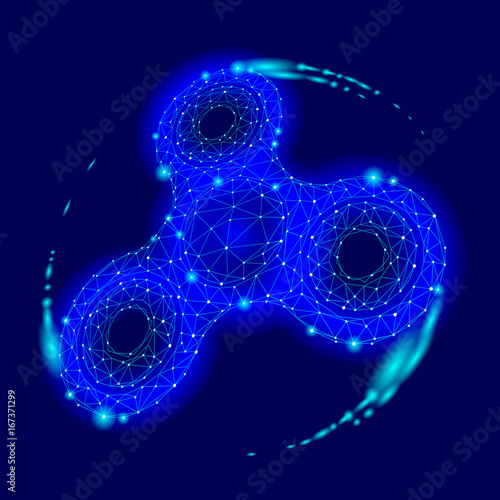 Low poly hand spinner rotation rolling 3d model. Toy fidget antistress hobby. Future technology style polygonal triangle connected dots. Blue glow color background vector icon illustration