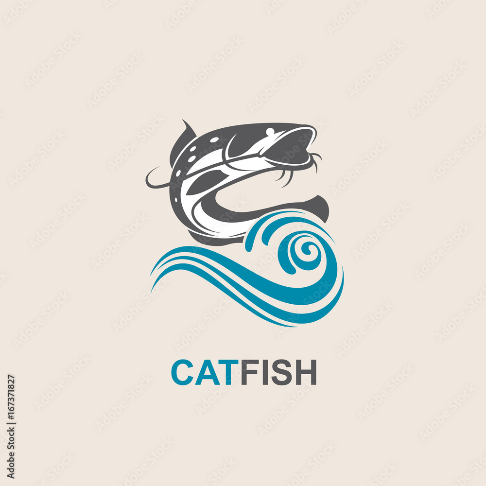Obraz premium icon of black catfish with blue waves