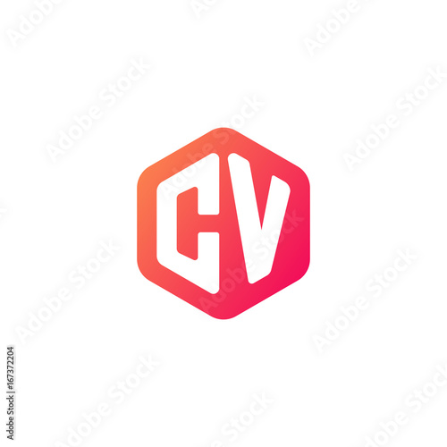Initial letter cv, rounded hexagon logo, gradient red orange colors
 
