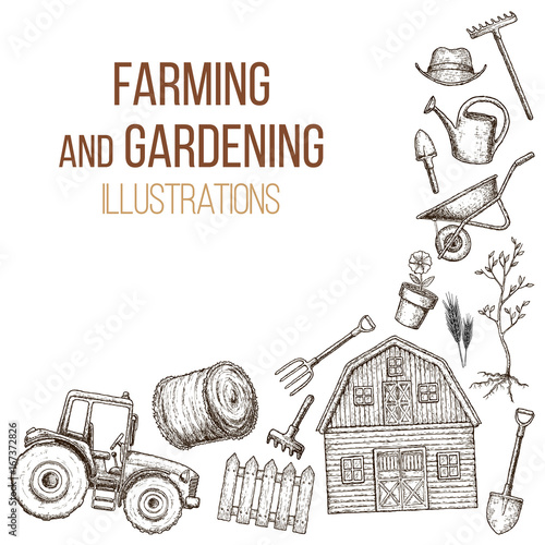 Set of farming equipment icons. Farming tools and agricultural machines decoration, sketch illustration. Vector