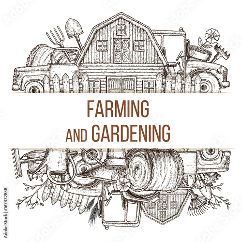 Set of farming equipment icons. Farming tools and agricultural machines decoration, sketch illustration. Vector