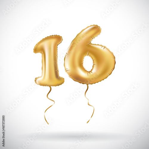 vector Golden number 16 sixteen metallic balloon. Party decoration golden balloons. Anniversary sign for happy holiday, celebration, birthday, carnival, new year.