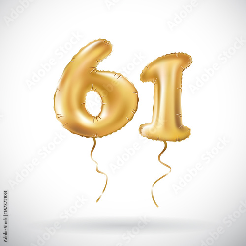 vector Golden number 61 sixty one metallic balloon. Party decoration golden balloons. Anniversary sign for happy holiday, celebration, birthday, carnival, new year.