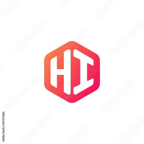 Initial letter hi, rounded hexagon logo, gradient red orange colors      © ariefpro
