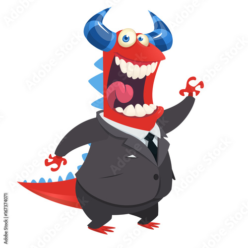 Cartoon happy monster  office clerk with a pointer presenting. Vector illustration of dragon in a suite © drawkman