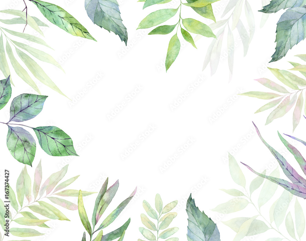 Hand drawn watercolor illustration. Botanical clipart. Frame with green leaves, herbs and branches. Floral Design elements. Perfect for wedding invitations, greeting cards, prints
