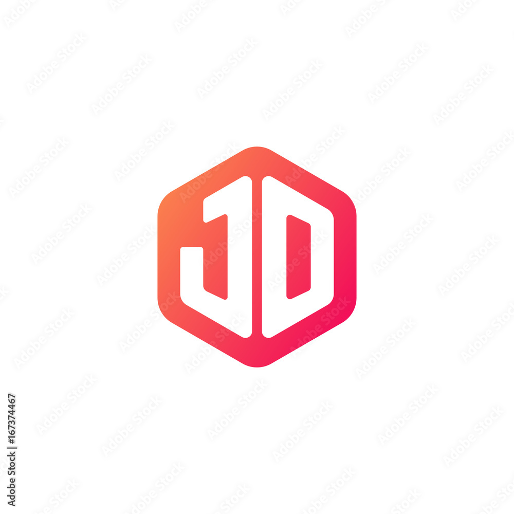 Initial letter jd, rounded hexagon logo, gradient red orange colors Initial letter jd, rounded hexagon logo, gradient red orange colors