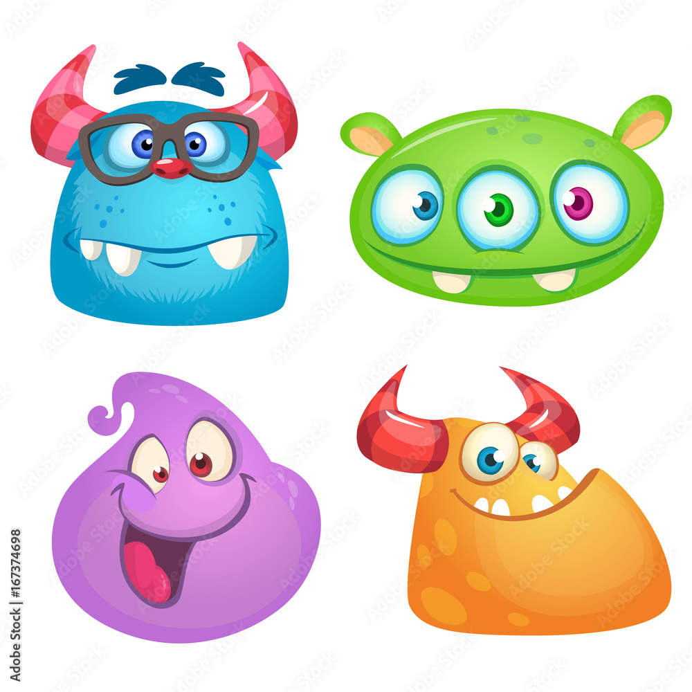Cute cartoon monsters collection. Vector set of 4 Halloween monster icons Cute cartoon monsters collection. Vector set of 4 Halloween monster icons