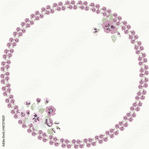 Floral round frame from cute flowers. Vector greeting card template. Design artwork for the poster, tee shirt, pillow, home decor. Summer flowers with green leaves.