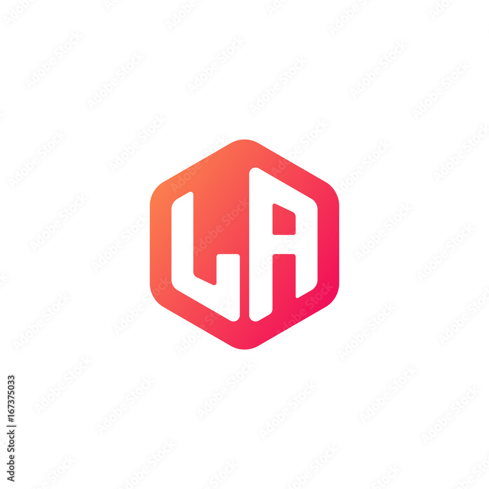 Initial letter la, rounded hexagon logo, gradient red orange colors Initial letter la, rounded hexagon logo, gradient red orange colors
