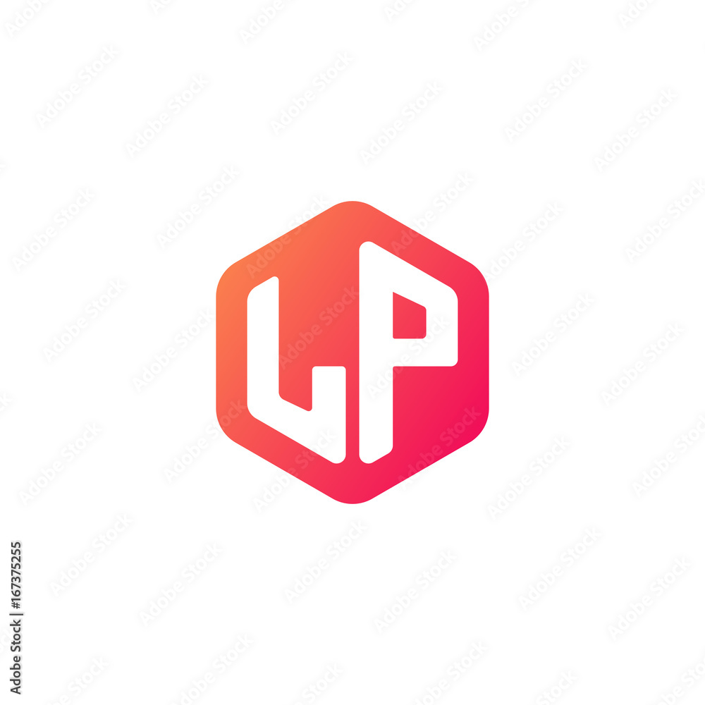 Initial letter lp, rounded hexagon logo, gradient red orange colors
