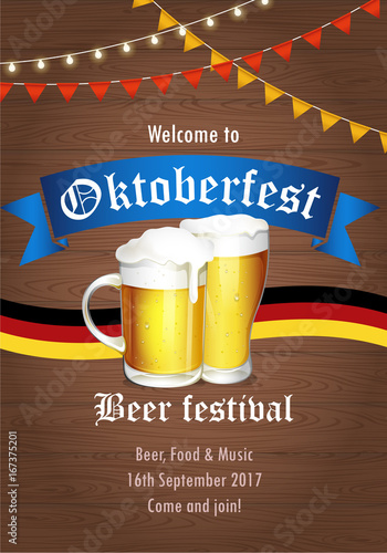 Oktoberfest beer festival - vector illustration with beer glasses, hanging party lights and flags, German flag. Design template