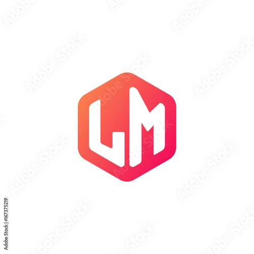 Initial letter lm, rounded hexagon logo, gradient red orange colors