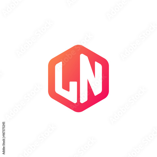 Initial letter ln, rounded hexagon logo, gradient red orange colors © ariefpro