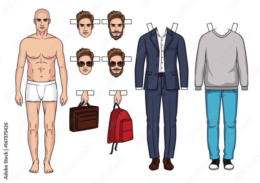 Fashionable modern set of clothes and accessorizes for men. Modern clothing  ,casual style and business suit for men. Hand drawn Men's paper doll with  clothes, shoes, bags and hairstyle Stock Vector |
