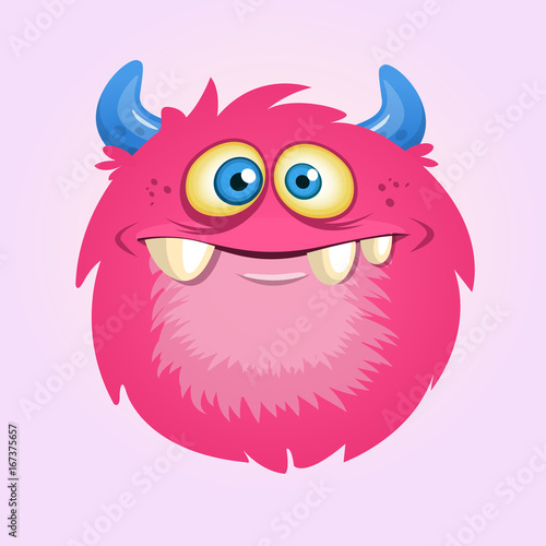 Happy cartoon hairy monster. Vector Halloween pink furry monster