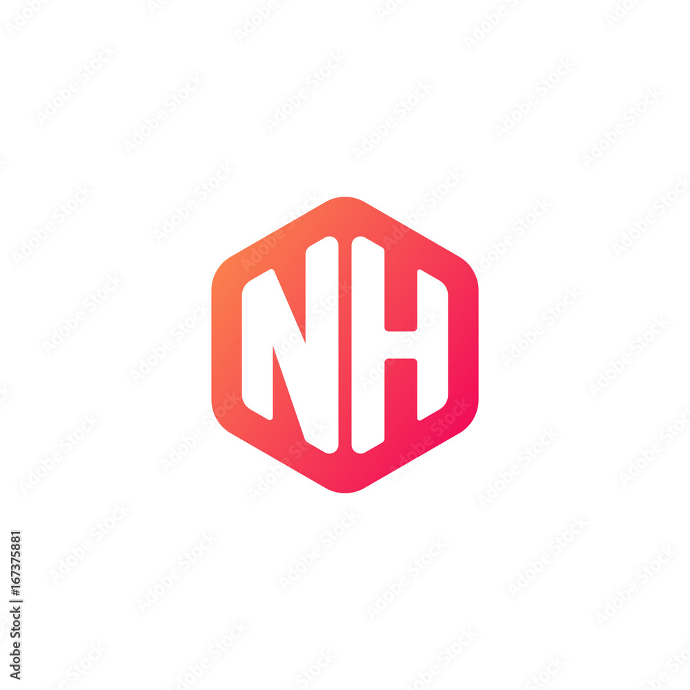 Initial letter nh, rounded hexagon logo, gradient red orange colors Initial letter nh, rounded hexagon logo, gradient red orange colors