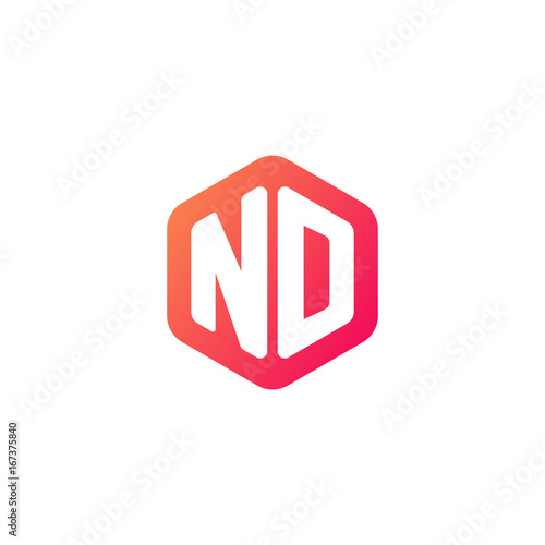 Initial letter nd, rounded hexagon logo, gradient red orange colors