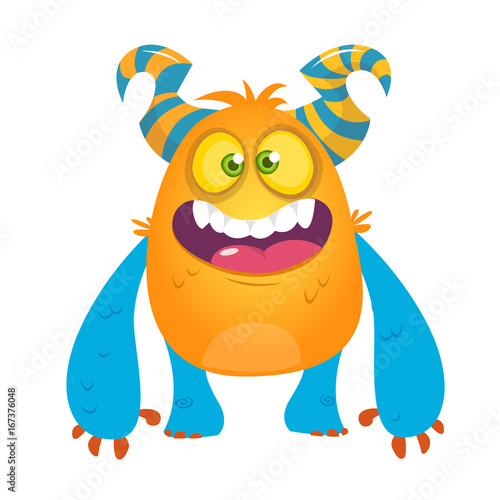 Cute cartoon silly horned monster. Vector troll or gremlin character 