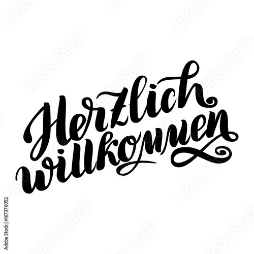 Herzlich willkommen. Welcome. Traditional German Oktoberfest bier festival . Vector hand-drawn brush lettering illustration isolated on white.
