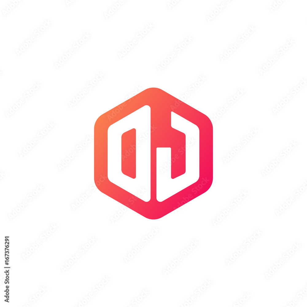 Initial letter oj, rounded hexagon logo, gradient red orange colors Initial letter oj, rounded hexagon logo, gradient red orange colors