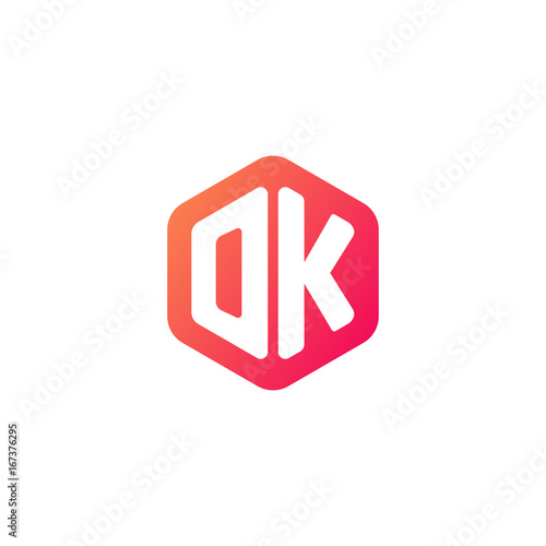 Initial letter ok, rounded hexagon logo, gradient red orange colors