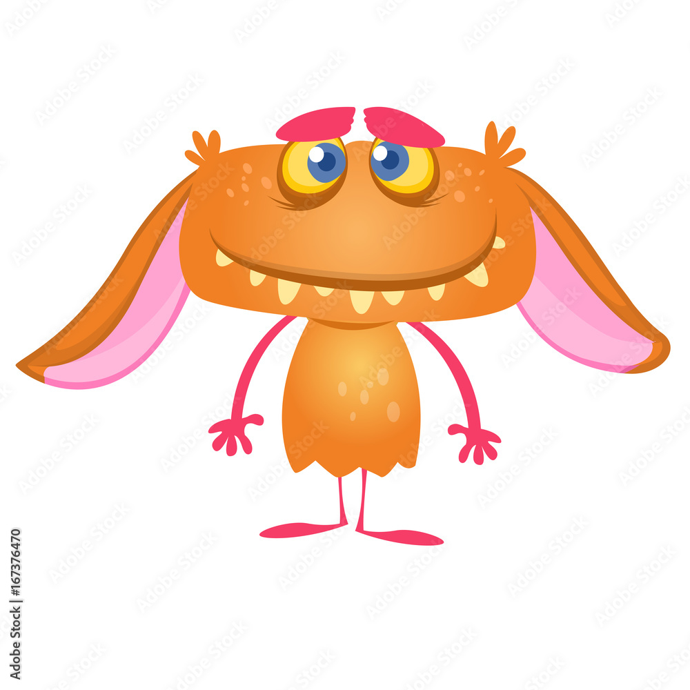 Cute happy cartoon monster with big ears. Vector orange monster. Halloween  design Stock Vector | Adobe Stock