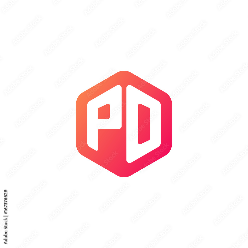 Initial letter po, rounded hexagon logo, gradient red orange colors	
 
