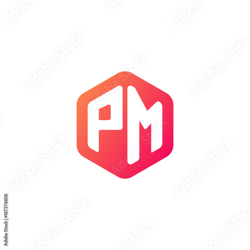 Initial letter pm, rounded hexagon logo, gradient red orange colors	
 

