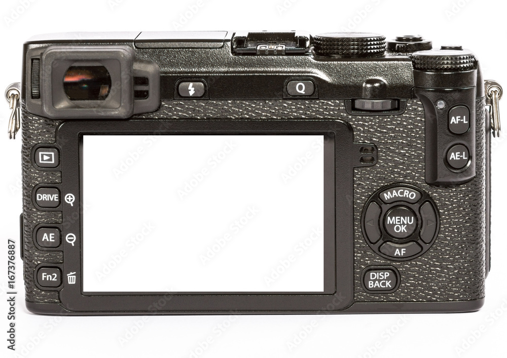 Modern retro mirrorless Digital Camera from back, Isolated On White Background Modern retro mirrorless Digital Camera from back, Isolated On White Background