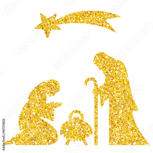 Heilige Familie, Joseph, Maria, Jesus, Komet / festlich gold-glitzern, Vektor